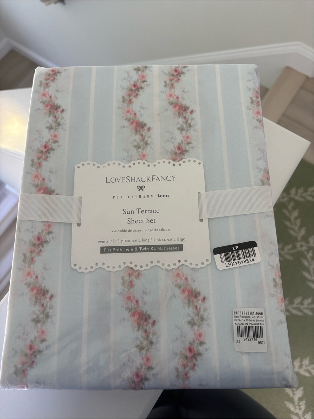 LoveShackFancy Floral Stripe Sheet Set in Light Blue and Pink
